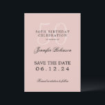 Invitation Blush Pink 50th Birthday Party Enregistrer la date<br><div class="desc">Design élégant "50th Birthday Party" avec un script de typographie formel,  nom personnalisé et texte détaillé. Facile à utiliser et facile à personnaliser. Commandez aujourd'hui !</div>