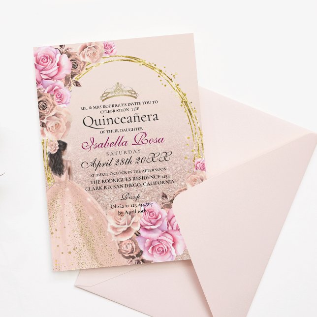 Invitation  Blush Pink and Gold Roses Elegant Quinceanera (Créateur téléchargé)