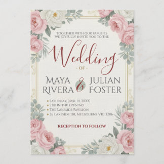 Invitation Blush Pink and White Rose Vintage Floral Wedding