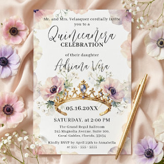 Invitation Blush Pink Anemone Gold Princess Tiara Quinceañera