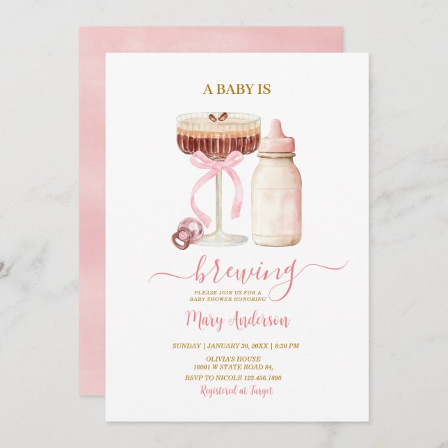 Invitation Blush Pink Baby Is Brewing Milk Bottle Baby Shower (Devant / Derrière)