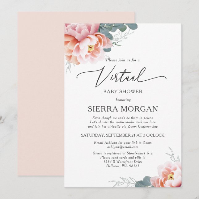 Invitation Blush Pink Baby shower Floral (Devant / Derrière)