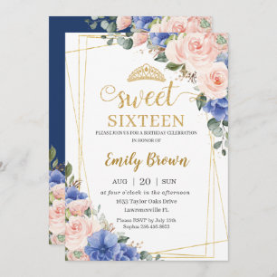 Invitation Blush Pink Blue Floral Sweet 16 Seize Anniversaire