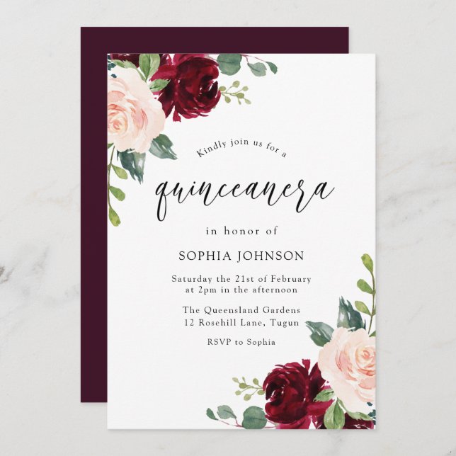 Invitation Blush Pink Bourgogne Rouge Floral Quinceanera Part (Devant / Derrière)