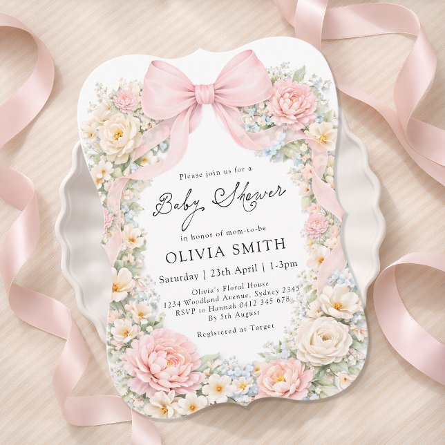 Invitation Blush Pink Bow Floral Girl Baby Shower (Créateur téléchargé)