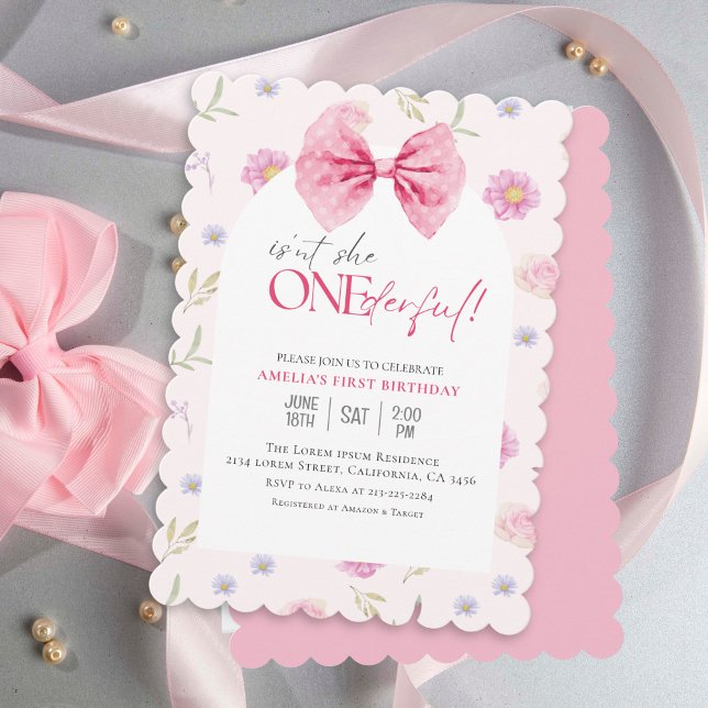 Invitation Blush Pink Bow floral Onederful girl 1er anniversa (Créateur téléchargé)