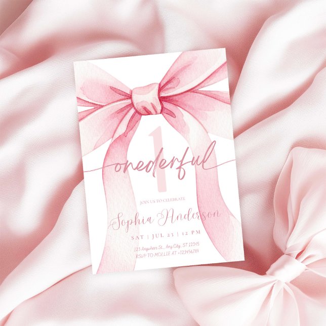 Invitation Blush Pink Bow Onederful 1st Birthday (Créateur téléchargé)