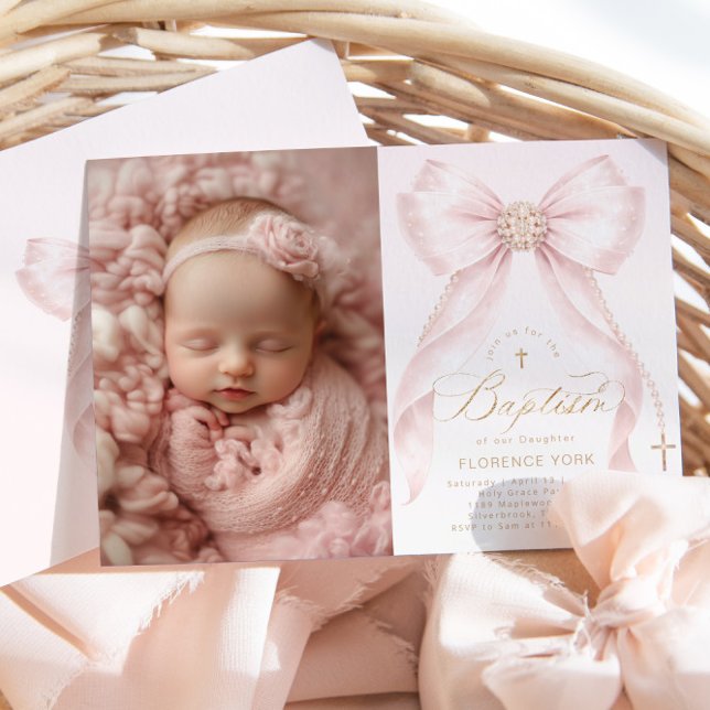 Invitation Blush Pink Bow Pearls Gold Cross photo Baptism (Créateur téléchargé)