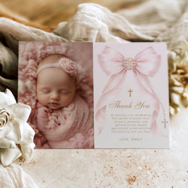 Invitation Blush Pink Bow Photo Baptism Thank you Card (Créateur téléchargé)