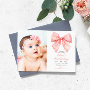 Invitation Blush Pink Bow Photo Premier anniversaire Invitati