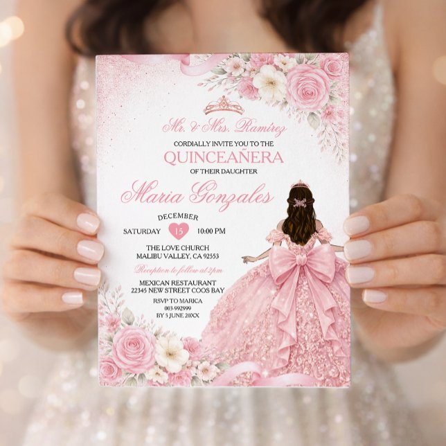 Invitation Blush Pink Bow Princess Floral Girl Quinceañera (Créateur téléchargé)