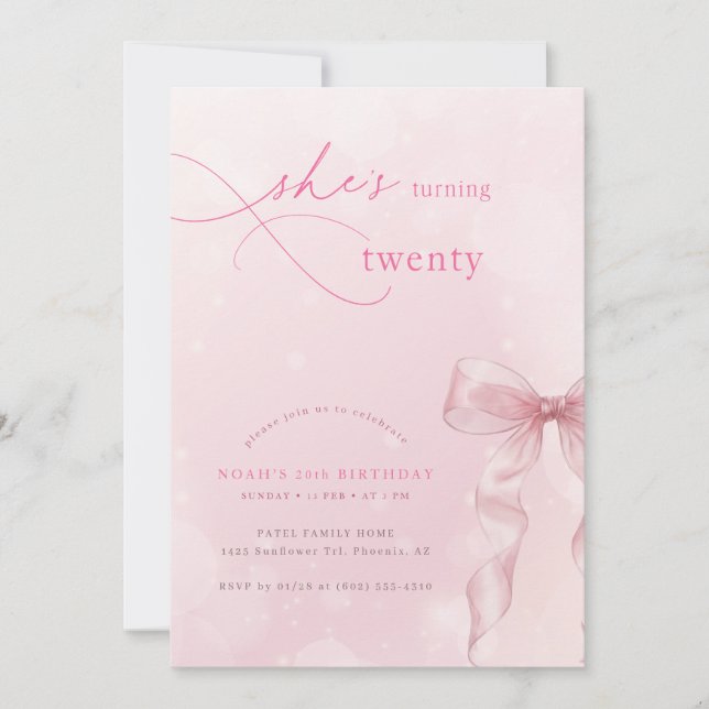 Invitation Blush Pink Bow Ribbon Girls 20th Birthday Party (Devant)