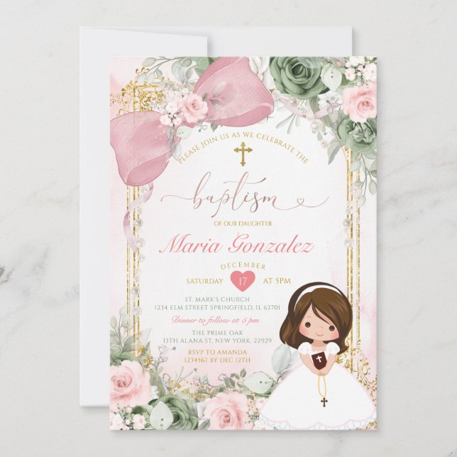Invitation Blush Pink Bow & Sage Green Floral Girl Baptism (Devant)