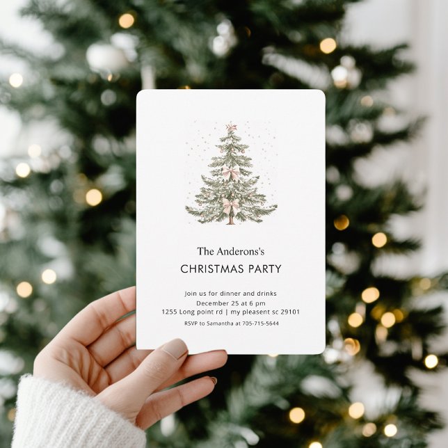 Invitation Blush Pink Bow Watercolor Christmas Tree Party  (Créateur téléchargé)