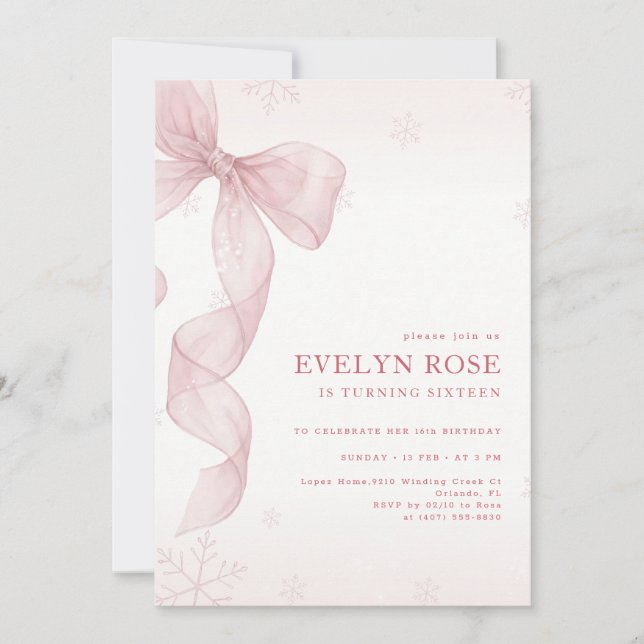 Invitation Blush Pink Bow Winter Snowflake 16th Birthday (Devant)