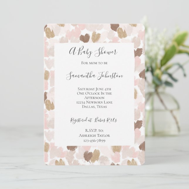 Invitation Blush Pink Brown Cream Hearts Baby Shower (Debout devant)