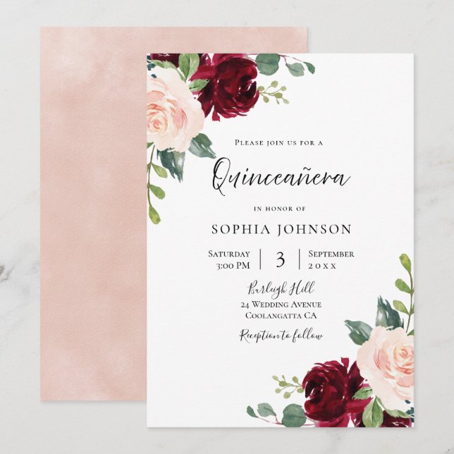 Invitation Blush Pink & Burgundy Red Floral Quinceanera Party (Devant / Derrière)