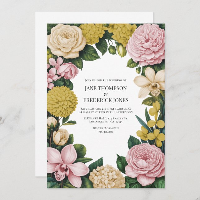 Invitation Blush Pink, Champagne & Gold Floral Wedding (Devant / Derrière)