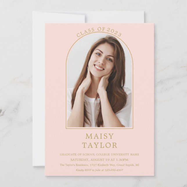 Invitation Blush Pink Chic Gold Arch Photo Graduation Party I (Devant)