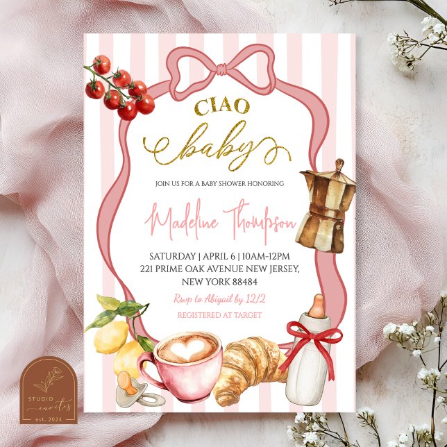 Invitation Blush Pink Coquette Stripes Italy Ciao Baby Shower (Créateur téléchargé)