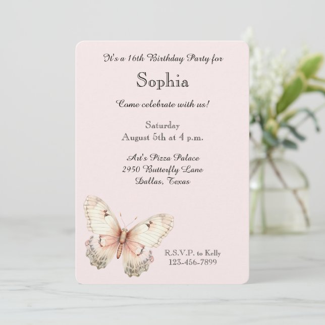 Invitation Blush Pink Cream Butterfly Birthday  (Debout devant)