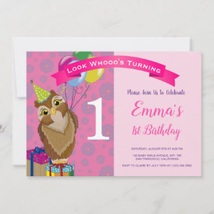 Invitation Blush Pink Cute Baby Owy 1st Birthday Party Photo