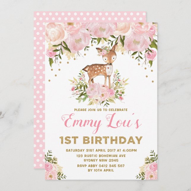 Invitation Blush Pink Deer 1er Anniversaire Aquarelle Florale (Devant / Derrière)