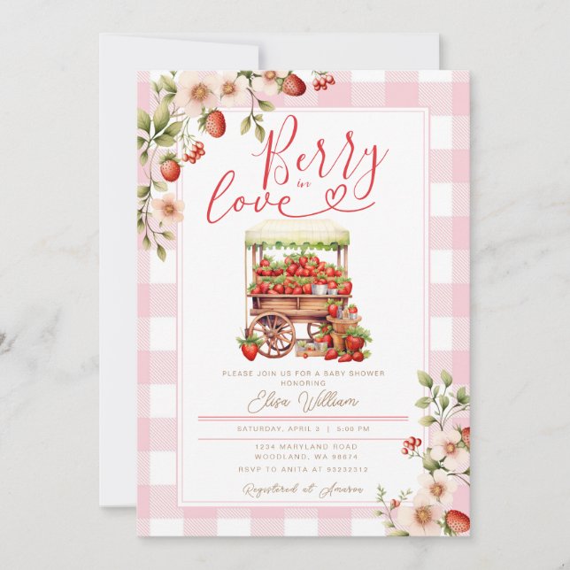 Invitation Blush Pink En vichy Berry en amour baby shower (Devant)
