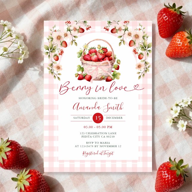 Invitation Blush Pink En vichy Berry en amour Fête des mariée (Créateur téléchargé)
