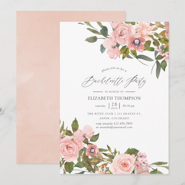 Invitation Blush Pink et Rose Gold Roses de Bachelorette (Devant / Derrière)