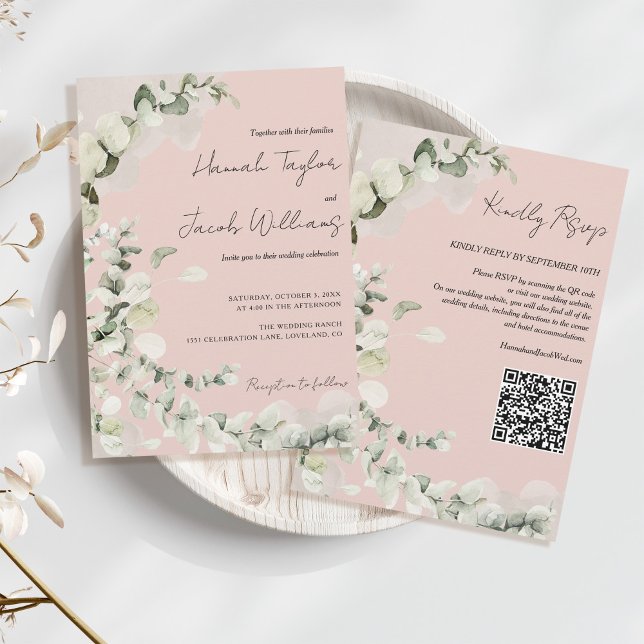 Invitation Blush PInk Eucalyptus QR Code Mariage (qr code wedding invitation with rsvp blush pink)