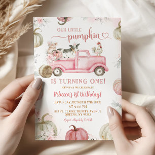 Invitation Blush Pink Farm Camion Citrouille 1er anniversaire