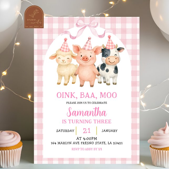 Invitation Blush Pink Farm Party Gingham Birthday (Créateur téléchargé)