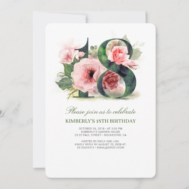 Invitation Blush Pink Floral 18e fête d'anniversaire (Devant)
