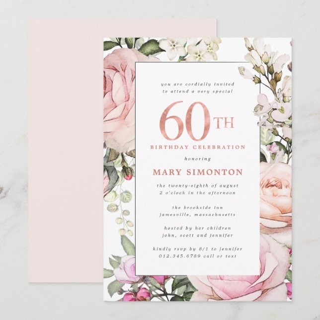 Invitation Blush Pink Floral 60e fête anniversaire (Devant / Derrière)