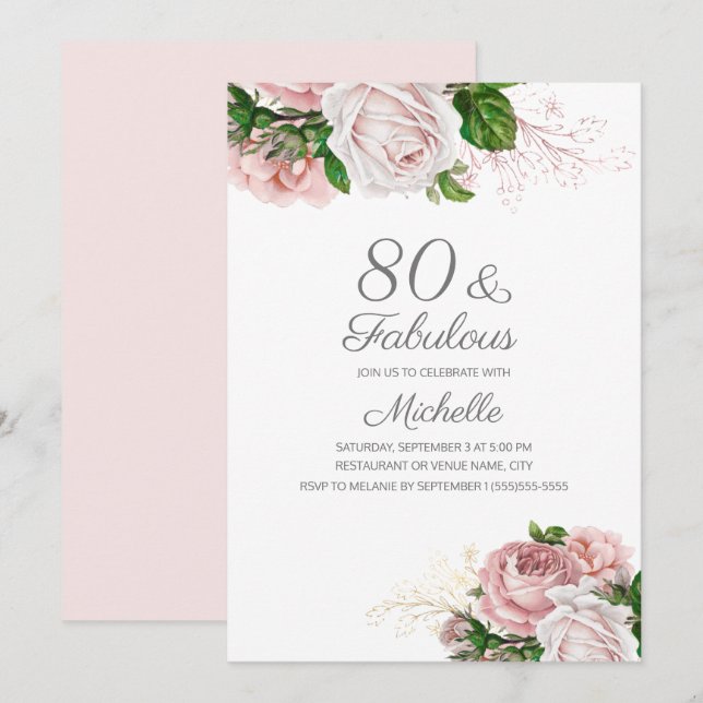 Invitation Blush Pink Floral 80 et Fabulous Birthday (Devant / Derrière)