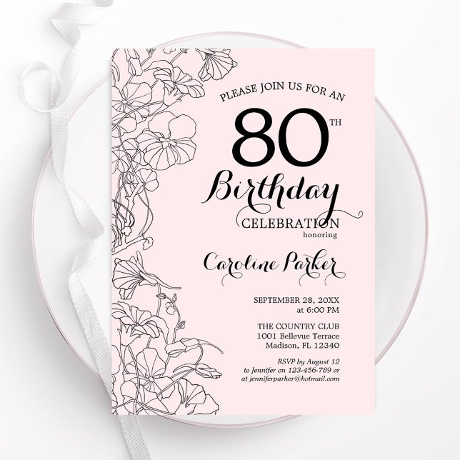 Invitation Blush Pink Floral 80e fête d'anniversaire (Créateur téléchargé)