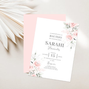 Invitation Blush Pink Floral Baptême fille Espagnol invitatio