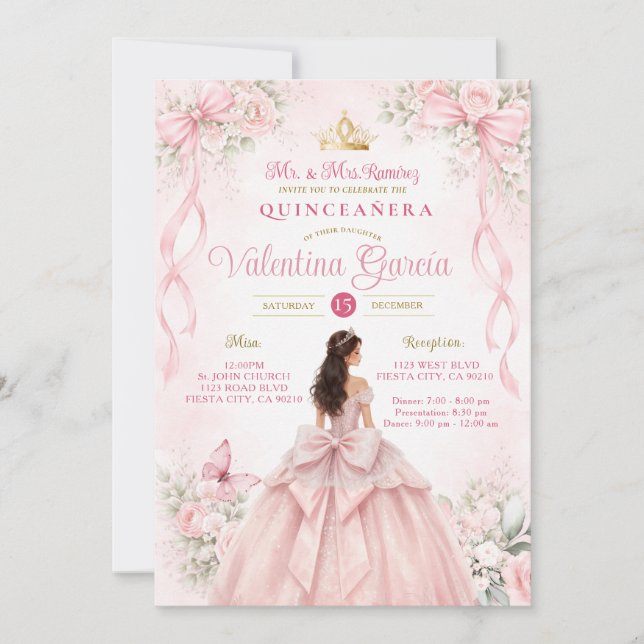 Invitation Blush Pink Floral Bow Ribbon Quinceañera (Devant)