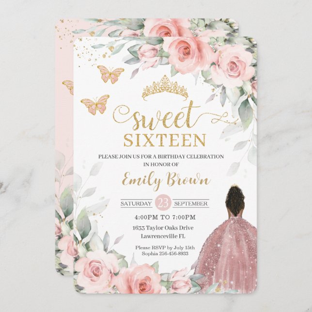 Invitation Blush Pink Floral Brown Princess Sweet Sixteen (Devant / Derrière)