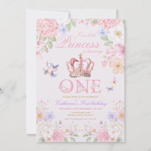 Invitation  Blush Pink Floral Butterfly Princess 1st Birthday (Devant)