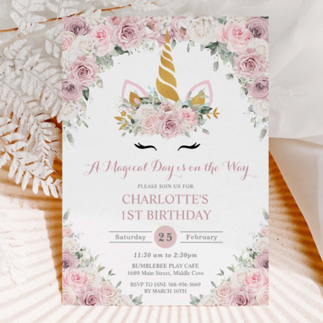 Invitation Blush Pink Floral Cute Unicorn 1er Anniversaire (Créateur téléchargé)