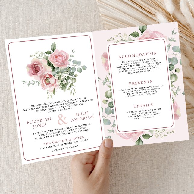 Invitation Blush Pink Floral Eucalyptus All in One Wedding (Créateur téléchargé)