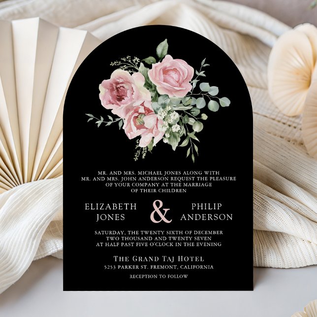 Invitation Blush Pink Floral Eucalyptus Black QR Code Wedding (Créateur téléchargé)