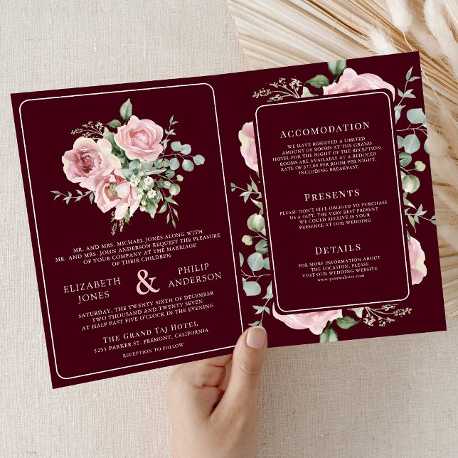 Invitation Blush Pink Floral Eucalyptus Burgundy Wedding (Créateur téléchargé)