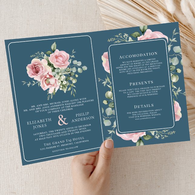 Invitation Blush Pink Floral Eucalyptus Dusty Blue Wedding (Créateur téléchargé)