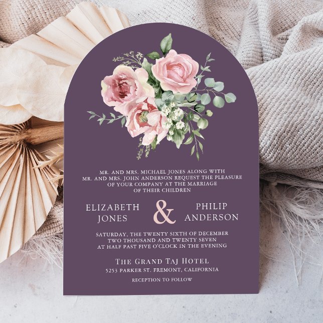 Invitation Blush Pink Floral Eucalyptus Dusty Purple Wedding (Créateur téléchargé)