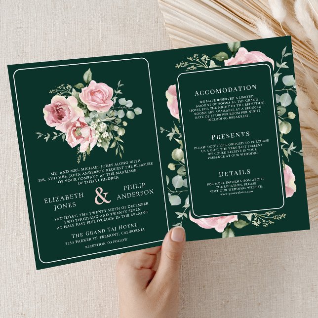 Invitation Blush Pink Floral Eucalyptus Emerald Green Wedding (Créateur téléchargé)