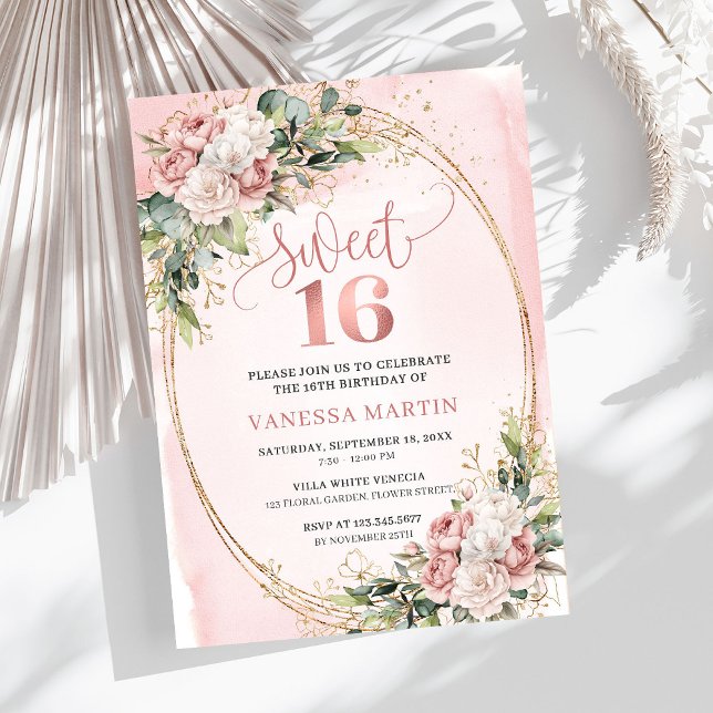 Invitation Blush Pink Floral Eucalyptus Sweet 16 Birthday  (Blush Pink Floral Eucalyptus Sweet 16 Birthday Invite)