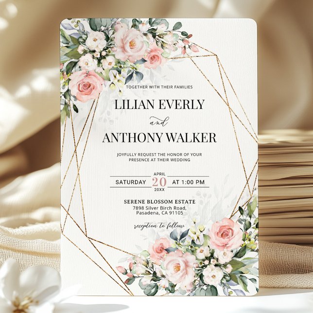 Invitation Blush Pink Floral Gold Geometric Estate Wedding  (Créateur téléchargé)